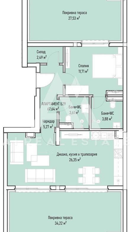 Двустаен апартамент с две покривни тераси до Бизнес парк София - вх. Б ап.29 - 0